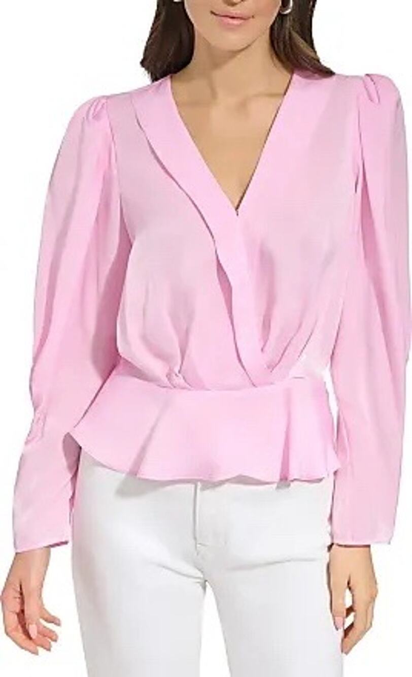 DKNY Pink Satin Peplum Blouse V-Neck Long Puff Sleeve Bridal Shower Large NWT
